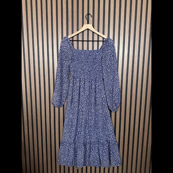 Jessica Simpson Dress Medium Blue Tiered Long Sleeve Blossom Floral Midi / Maxi - Picture 2 of 6